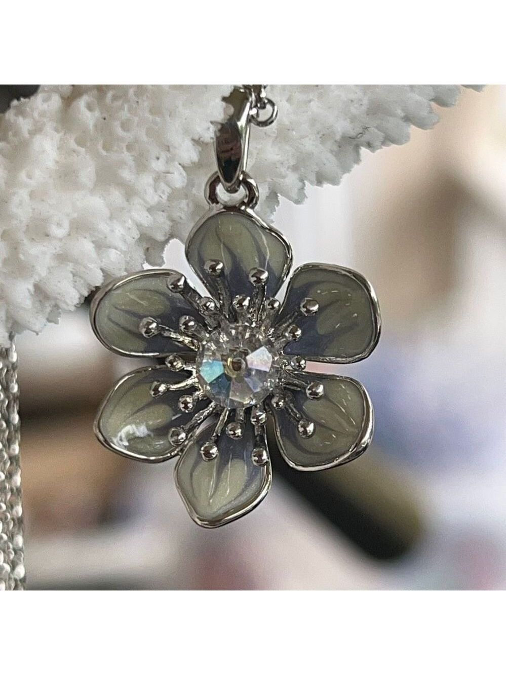 Eternal Bloom Necklace Silver Enamel Clear Faceted Swarovski Crystal - Picture 8 of 9